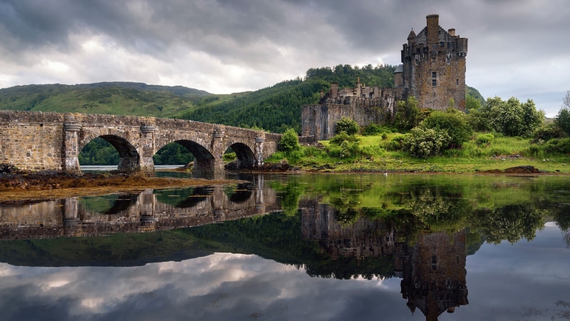trees, forest, ruins, architecture, Eilean Donan, UK, castle, river, bridge, building, 1080P, Scotland, clouds, landscape, nature