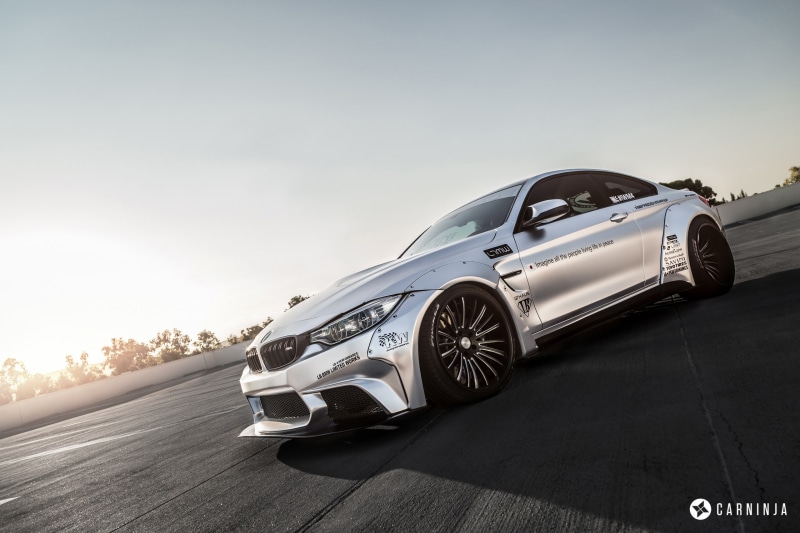 silver colored, no people, clean, copy space, low, motor vehicle, BMW M4 Coupe, sunset, LB Performance, outdoors, transportation, sky, day, LB Works, mode of transportation