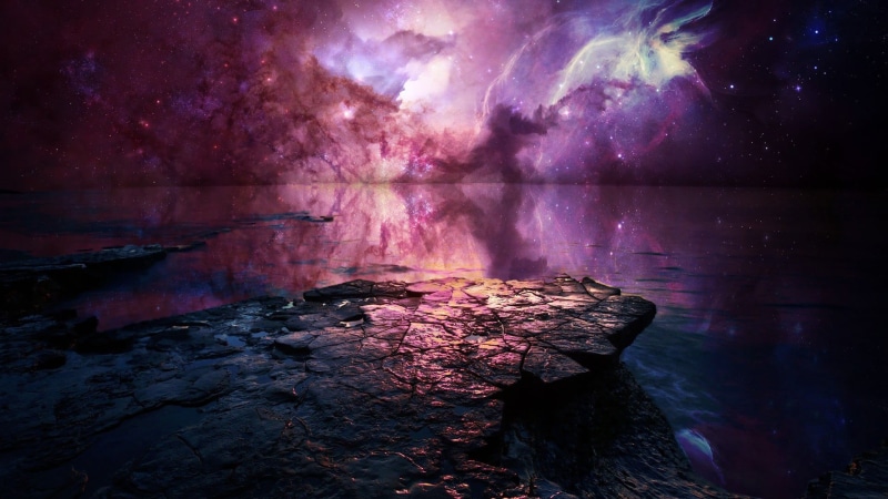 solid, galaxy, no people, rock - object, water, beauty in nature, sky, scenics - nature, nebula, lake, concept art, star - space, planet, digital, tranquility