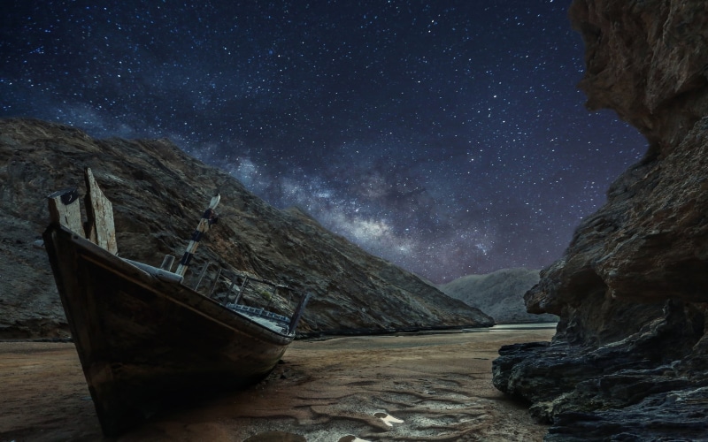 water, starry night, brown, 1080P, star - space, no people, galaxy, nature, rock, night, scenics - nature, sand, rock formation, nautical vessel, illustration