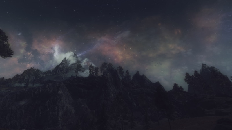 video games, tranquil scene, astronomy, scenics - nature, nature, low angle view, rock, outdoors, star - space, tree, rock - object, The Elder Scrolls V: Skyrim