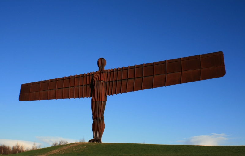 outside, statue, steel, arms raised, day, architecture, copper, tyneside, monument, full length, blue, gormley, angel of the north, gateshead, sculptures