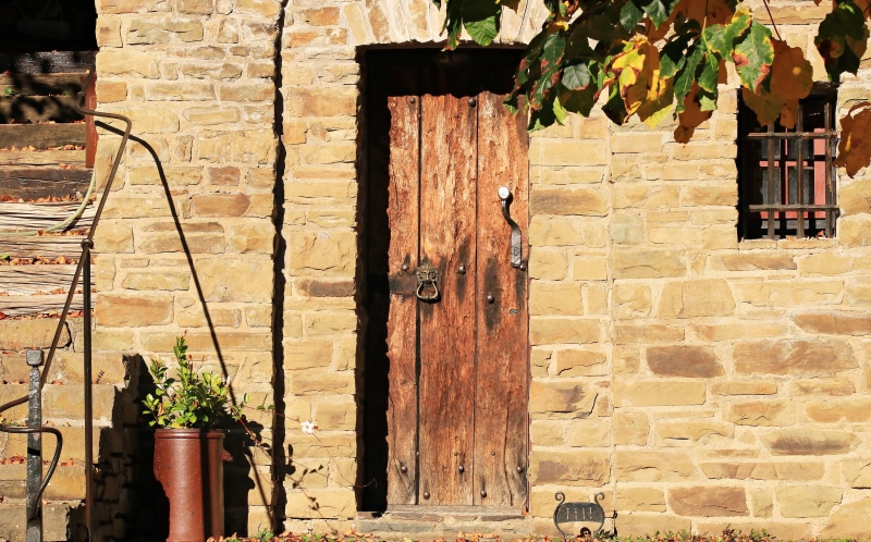 trees, doorknocker, architecture, stone stairway, window, potted plant, lion door knocker, rural, wooden door, door hardware, sunlight, old house, building
