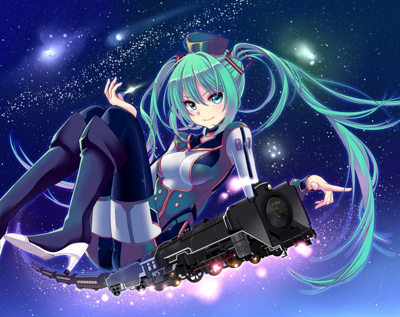 hat, eyes, yami, stars, hair, m31, miku, train, vocaloid, green, long, hatsune, twintails, 1080P, thighhighs