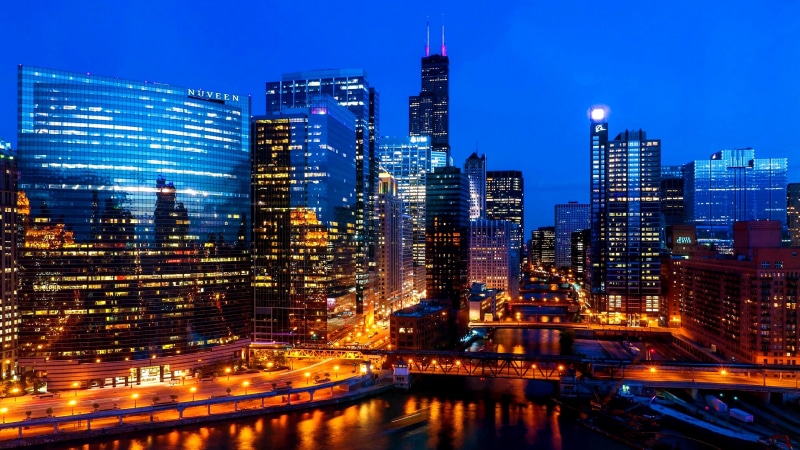 chicago river, skyscraper, usa, 4K, united states, cityscape, chicago, skyline, city lights, dusk, willis tower, ilinois