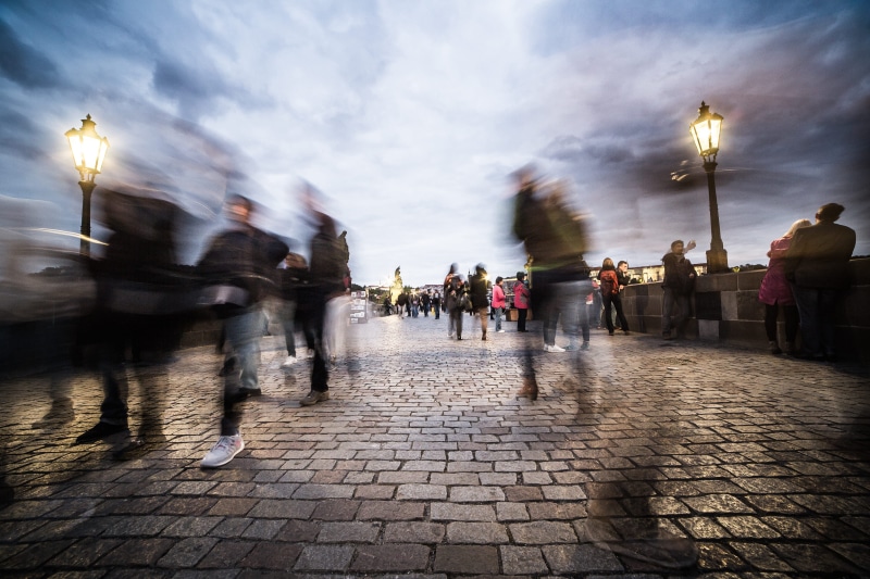 real people, outdoors, architecture, illuminated, Prague, paving stone, large Group Of People, cloudy, long exposure, city Life, clouds, People, adults only