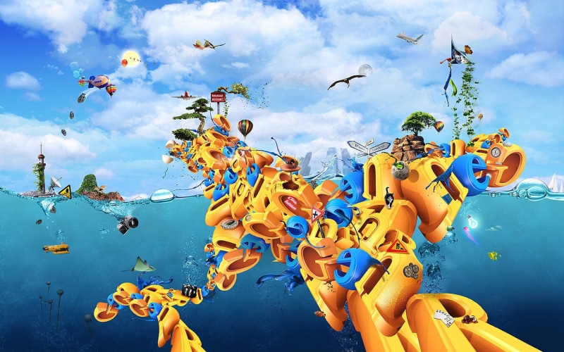 world, fantasy, water, 1080P, anime, trees, plane, chaotic