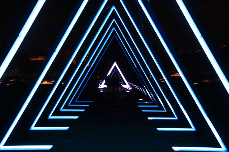 diminishing perspective, modern art, full length, standing, graphics, direction, neon, illuminated, piano, blue, one person, lighting, the way forward