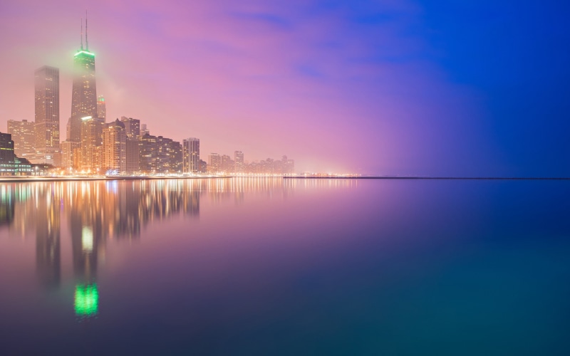 Chicago, 1080P, Night Lights, lights, night, Lake, Buildings, Skyscrapers