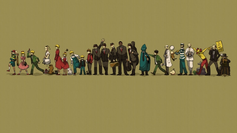 Jeff Andonuts, large group of people, men, women, 1080P, anime, yellow, minimalism, adult, Ness, Earthbound, colored background, character, real people