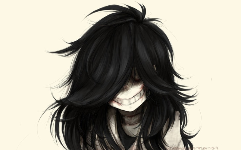 indoors, anime, young women, 720P, one person, Jeff the Killer, illustration, white background, hairstyle, adult, young adult, obscured face, hair, hair toss