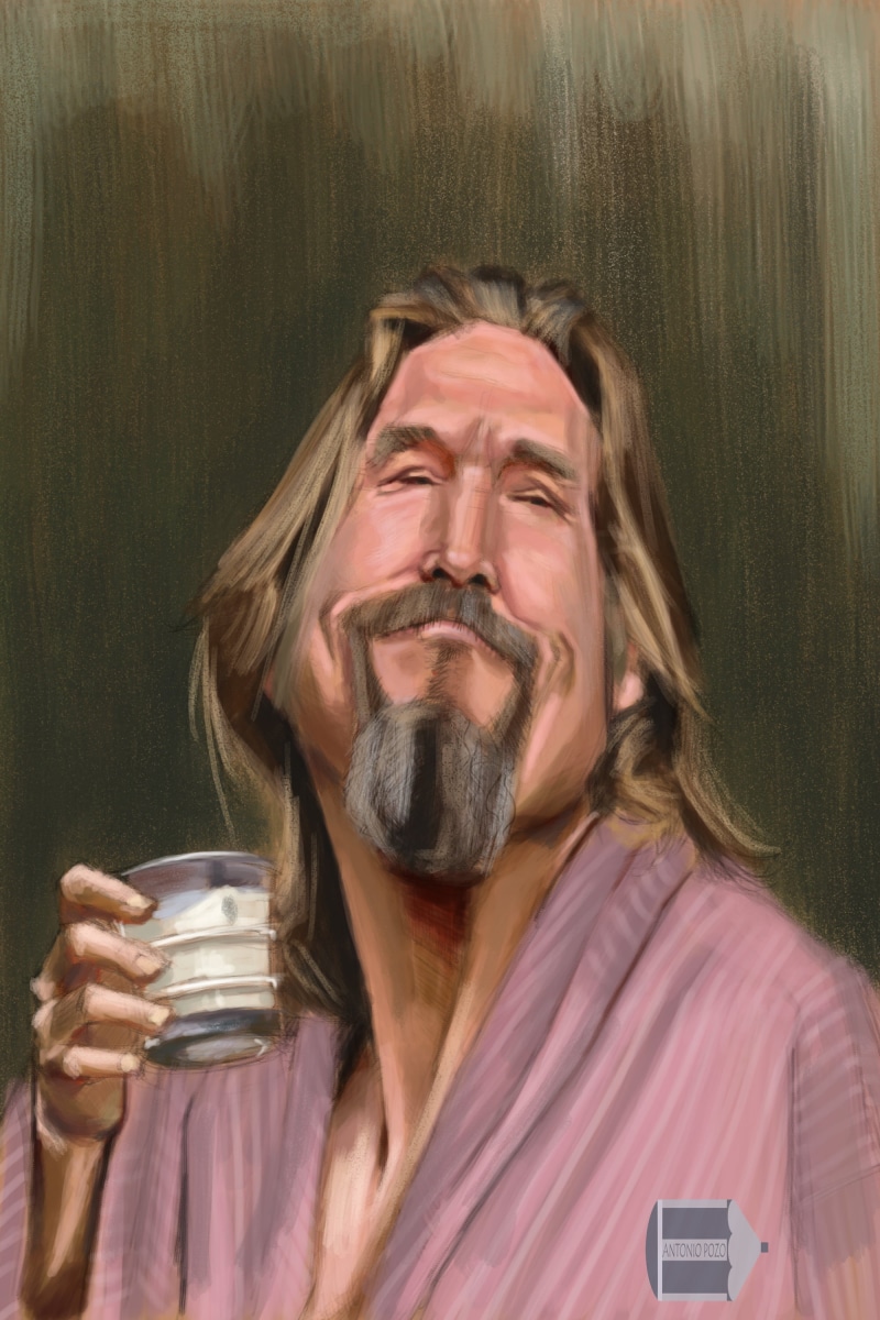 caricature, face, mustache, The Dude, portrait, bathrobes, beard, long hair, refreshment, 2K, headshot, smiling, digital art, Jeff Bridges, holding, portrait display