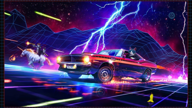 retro games, digital art, unicorn, cat, Plymouth Hemi Cuda, car, 1080P