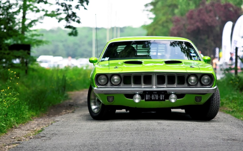 green, plant, street, day, road, car, 2K, nature, Plymouth Barracuda, driving, city, green color, outdoors, mode of transportation, green cars, land vehicle