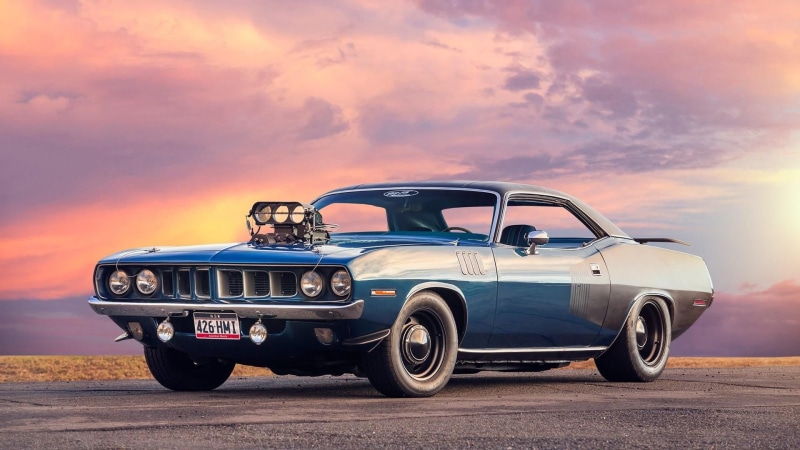retro styled, the past, classic car, cloud - sky, nostalgia, driving, road trip, plymouth barracuda, transportation, nature, antique, history, muscle car