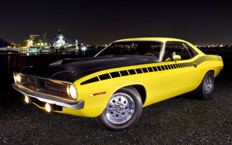 retro styled, land vehicle, Plymouth Barracuda, city, vintage car, transportation, building exterior, taxi, motor vehicle, car, night, stationary, vehicle