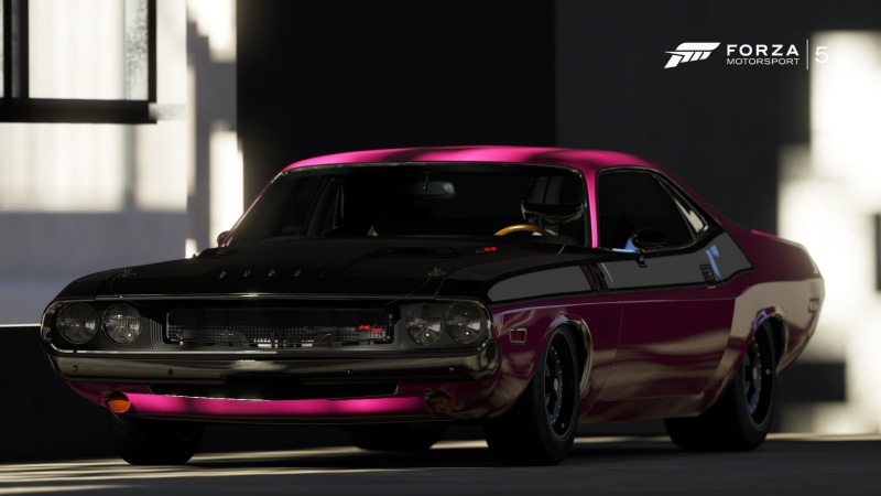 stationary, Dodge Challenger, architecture, luxury, day, mode of transportation, no people, showroom, video games, vintage car, Forza Motorsport, city
