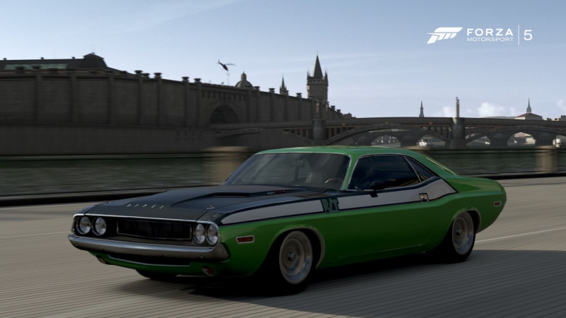 architecture, mode of transportation, sky, vehicle, Dodge Challenger, nature, transportation, Forza Motorsport, Dodge, no people, bridge, building exterior