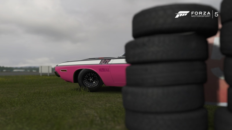 Forza Motorsport 5, Dodge Challenger, outdoors, wheel, field, close-up, sky, land, plant, no people, red, selective focus, overcast, nature, travel, 1080P