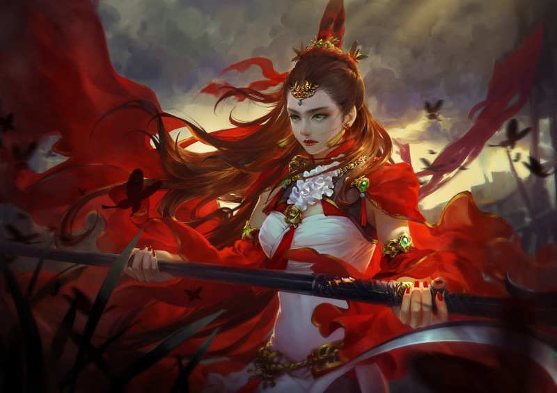 red, lifestyles, music, queen, one person, asian, beauty, women, warrior, clothing, mu meiren, front view, luminos, Ling Ju, festival, musical instrument