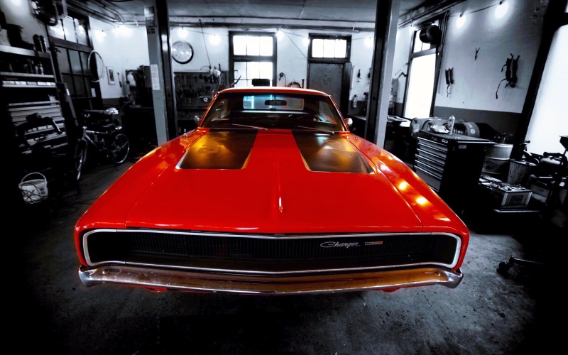 architecture, close-up, car, night, connection, garage, sedan, stationary, vignette, charger, mode of transportation, Dodge, transportation, industry, civic