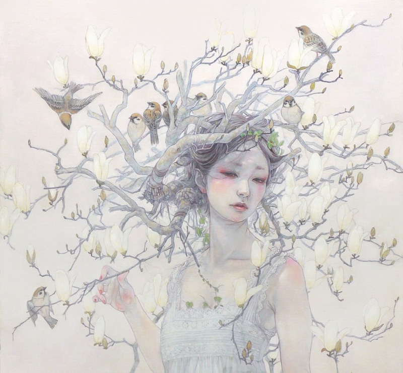 480P, eyes closed, hair, miho hirano, Spring, tree, luminos, one person, fashion, contemplation, women, portrait, young adult, flowering plant, adult