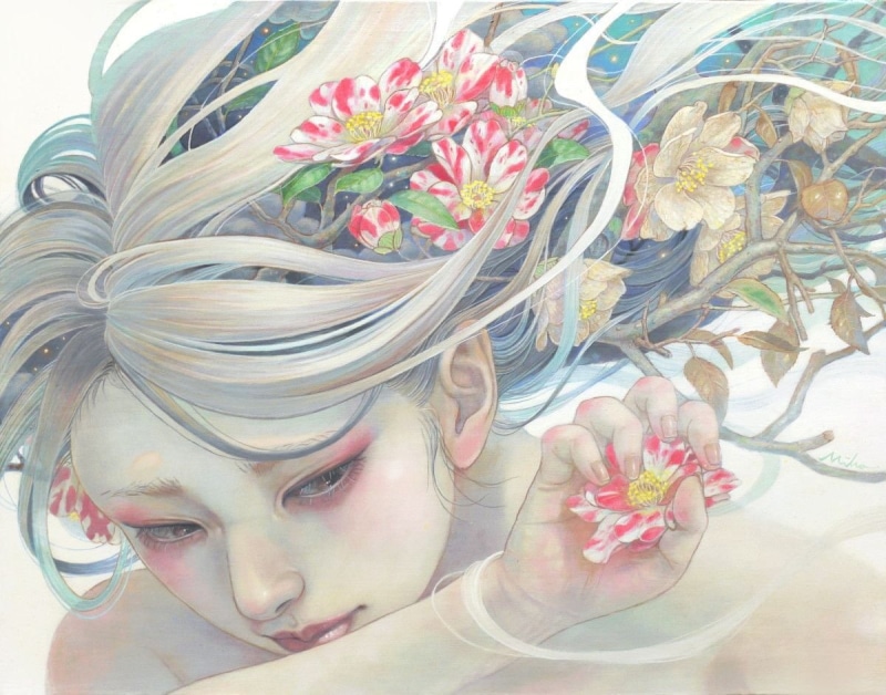 human face, fragility, red, fantasy, one person, blue, vulnerability, women, plant, indoors, art and craft, flowering plant, miho hirano, close-up, portrait