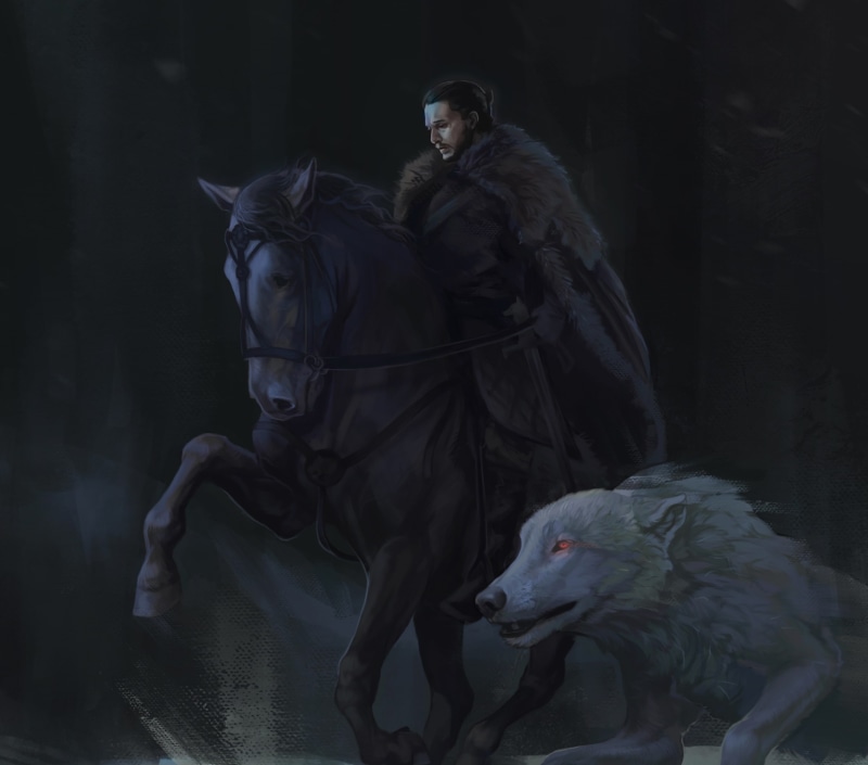 lup, 1080P, ghost, Jon Snow and Ghost, fantasy, art, white, wolf, game of thrones, man, luminos, jon snow, horse, black