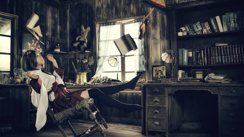 old, history, shelf, home interior, fantasy art, indoors, day, domestic room, fantasy girl, lighting equipment, women, architecture, Asian, chair, antique