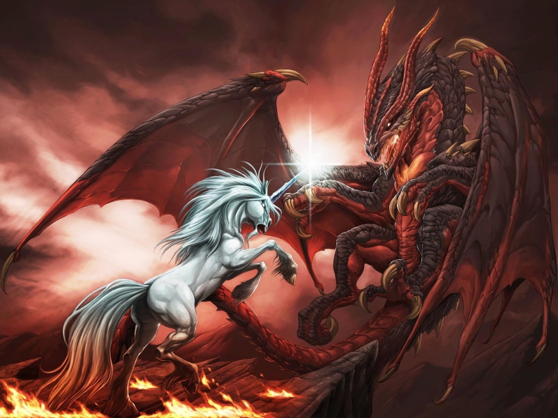 dragon, 3d and abstract, unicorn, fantasy, battle, 1080P, vs