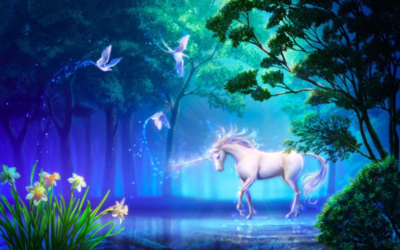 art, horse, tree, magic, birds, fantasy, flower, digital, 1080P, unicorn