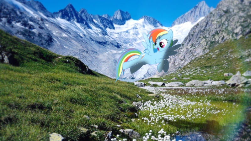 Rainbow Dash, environment, snowcapped mountain, winter, plant, My Little Pony, tranquil scene, Photoshop, nature, outdoors, mountain, sport, snow, adventure
