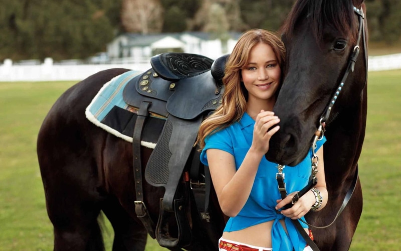 girls with horses, lawrence, animals, actresses, dress, women, blondes, blue dress, jennifer, girls, 1080P, jennifer lawrence, blue, horses