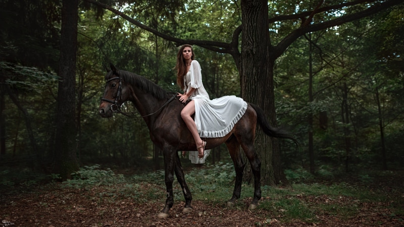 white, 1080P, horse, white dress, dress, horse riding, forest, women, riding