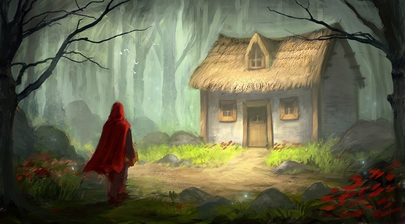 forest, nature, grass, fantasy art, plant, hooded, fairy tale, house, fog, 1080P, mystery, trees, flowers, near, clothing, standing, women, contemplation