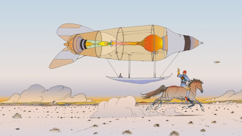 blimps, fantasy art, 1080P, animals, drawings, x, moebius, fiction, desert, hd, art, horses, science, fantasy