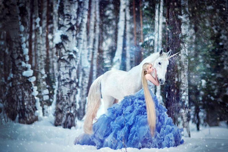 forest, white, attachment, blonde, long-haired, horse, hem, handsome, fantasy, nymph, Princess, pose, grove, fabulously, trees, tale, beauty, 1080P, friends