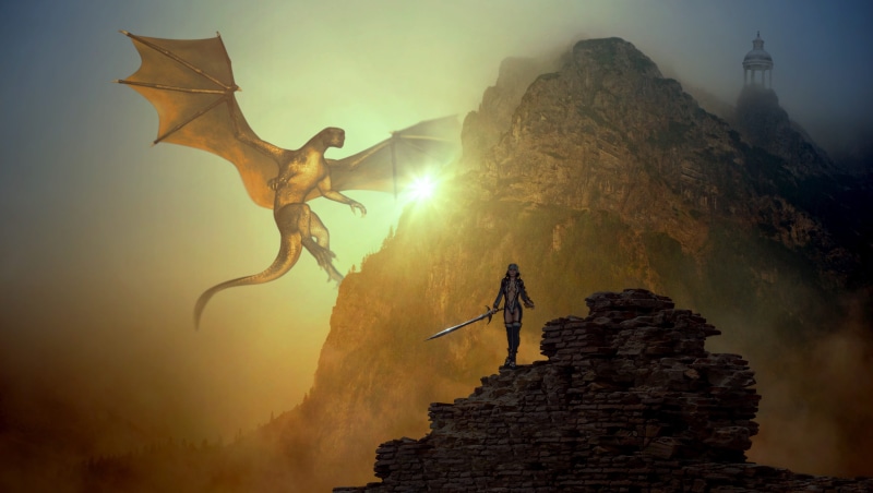 dragon champion, sword, gorgeous, rock formation, female, scene, woman, light, hell, rock, romantic, animal, fly, sky, silhouette, composing, fantastic