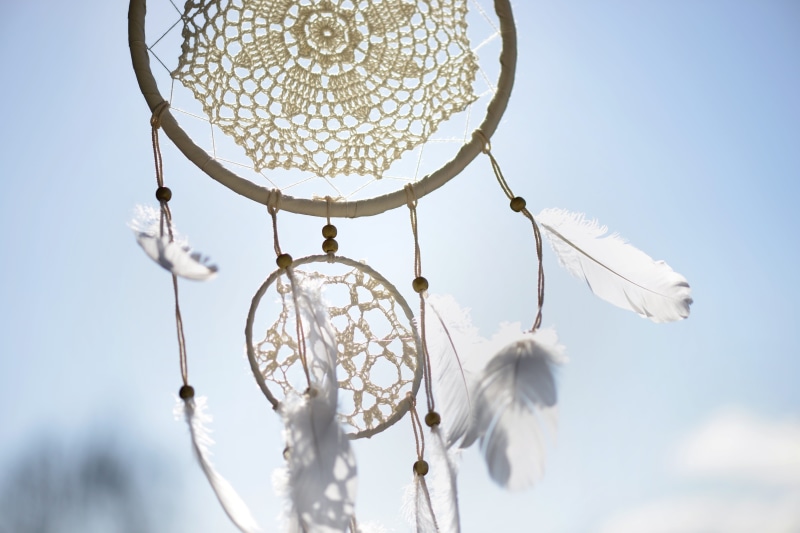 low angle view, circle, feather, beads, sky, hippie, craft, luck, shamanism, craft product, clear sky, nature spirits, art and craft, geometric shape, outdoors