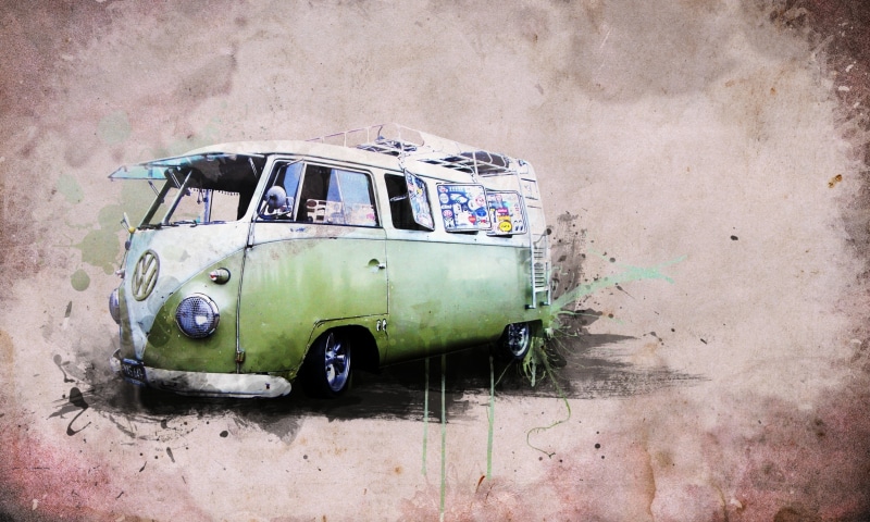 motor vehicle, urban Scene, rusty, run-Down, old-fashioned, weathered, art, bad condition, green, mode of Transport, cuban Culture, hippie van, cuba, stationary