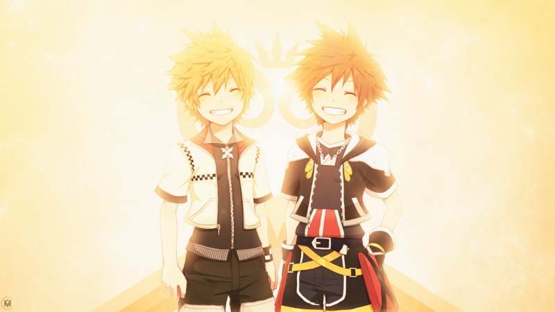 characters, brown, male, child, young adult, casual clothing, front view, yellow, Two become one, white background, Kingdom Hearts, females, adult, standing