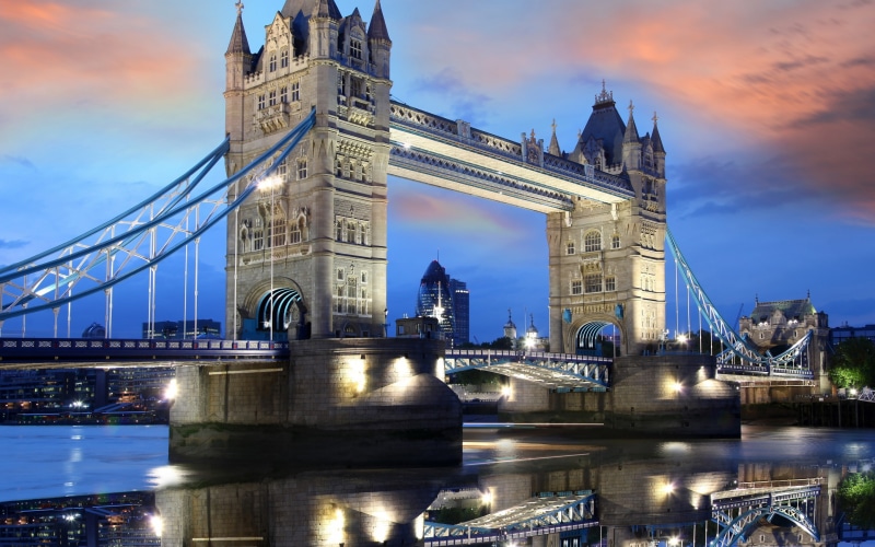 Great Britain, capital, great, London, Sunset, sky, the capital of the Thames, lights, water, England, reflection, 2K, evening, clouds, Thames, Tower Bridge