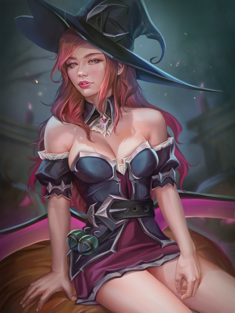 2D, illustration, bare shoulders, witch hat, looking at viewer, redhead, video game girls, dress, fan art, drawing, video games, sitting, artwork, HooBaMon