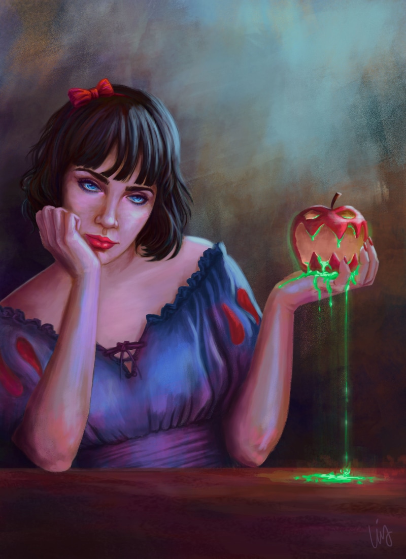 blue clothing, digital painting, dress, 2K, short hair, red lipstick, young woman, blue clothes, ArtStation, black hair, women indoors, hair band, apples