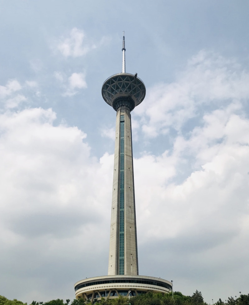 sky, tehran, the past, skyscraper, no people, milad tower, communication, low angle view, spire, tall - high, architecture, travel, cloud - sky, tourism