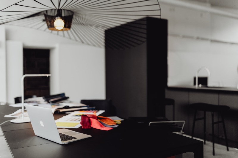 laptop, black table, architect, interior designer, furniture, workspace, electric lamp, concept, office, table, work, technology, designer, business, home interior