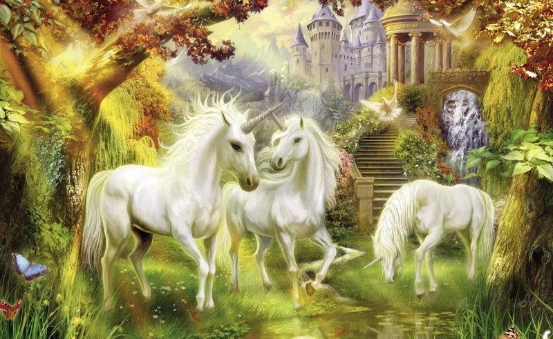 Fantasy, representation, built structure, Artistic, outdoors, domestic, architecture, animal wildlife, near, three, palace, white, no people, Unicorns