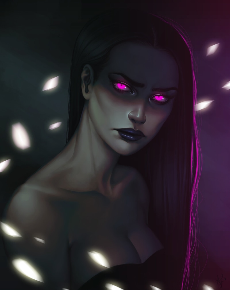 1080P, dark, fantasy girl, glowing eyes, fantasy art, purple hair, magic, lipstick