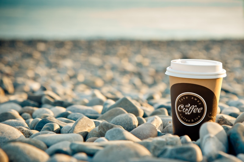 breakfast, sand, 4K, beach, gravel, surface level, stones, focus on foreground, morning, sea, selective focus, good morning, drink, land, no people, water