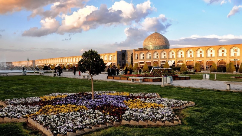 built structure, plant, cloud - sky, large group of people, grass, square, dome, building exterior, belief, sky, asia, naqsh-e jahan square, the past, architecture